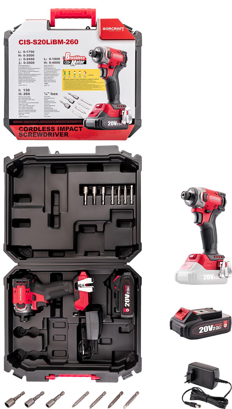 Odvijač udarni Worcraft CIS-S20LiBM-260Nm,20V,bez četkica,HEX,set